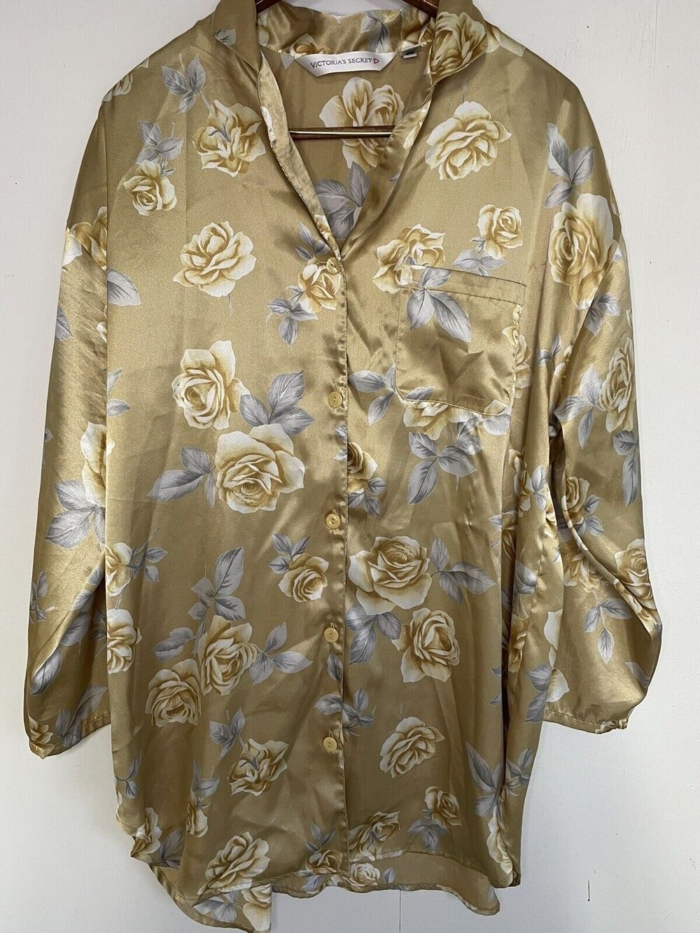 VTG Victorias Secret Gold Floral Nightgown Sleep Pajama Shirt W/ Pocket size med